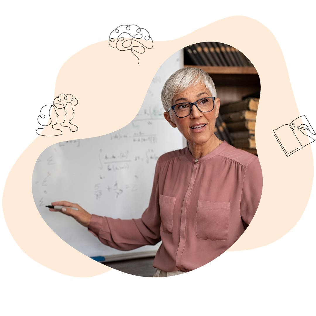 Woman in front of a white board pointing at math equations on top of a beige background with doodle images of a brain, three people, and a book.